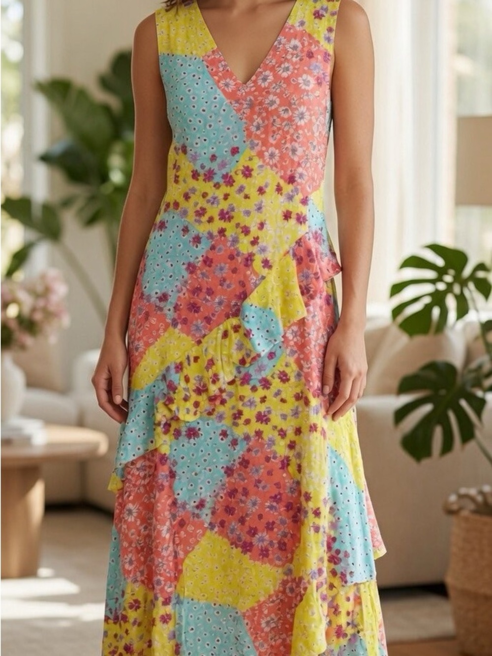 Patchwork Floral Ruffle Maxi Dress - Yellow, Coral & Aqua